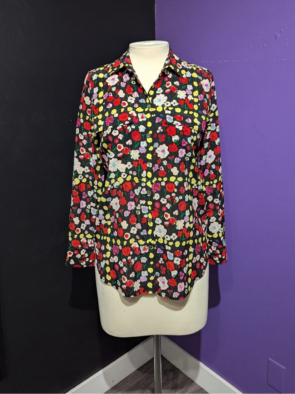 Equipment Black Silk Floral Button-Down Shirt